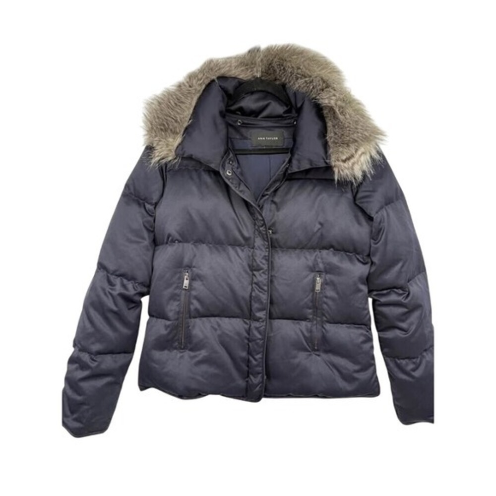 Ann Taylor Womens Puffer Jacket Coat Faux‎ Fur Down Collar Zip Up Blue Size S